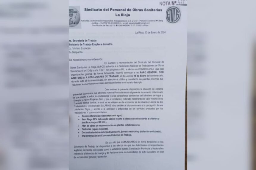 El sindicato de Personal de Obras Sanitarias La Rioja llama a un paro para este jueves 18 de enero