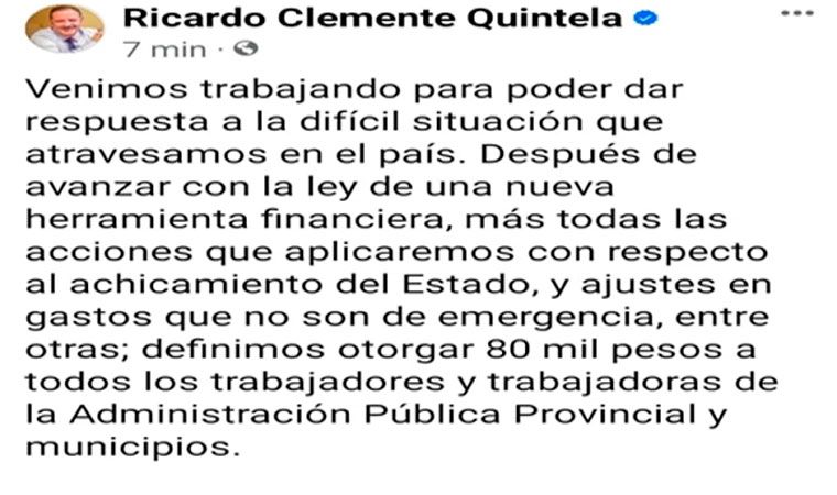 El gobierno provincial decidió otorgar un aumento salarial de  80 mil pesos a todos los trabajadores y trabajadoras de la Administración Pública Provincial y municipios.