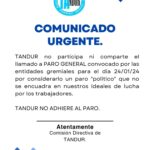 TAndur no adhiere al paro convocado para el 24 de enero