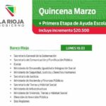 Cronograma de pago de la Quincena más la Primera Etapa de la Ayuda Escolar