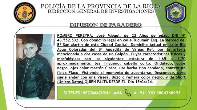 Se solicita información sobre el paradero de José Miguel Romero