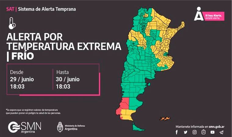 El Servicio Meteorológico Nacional  emitió alerta por frío extremo para La Rioja y 16 provincias