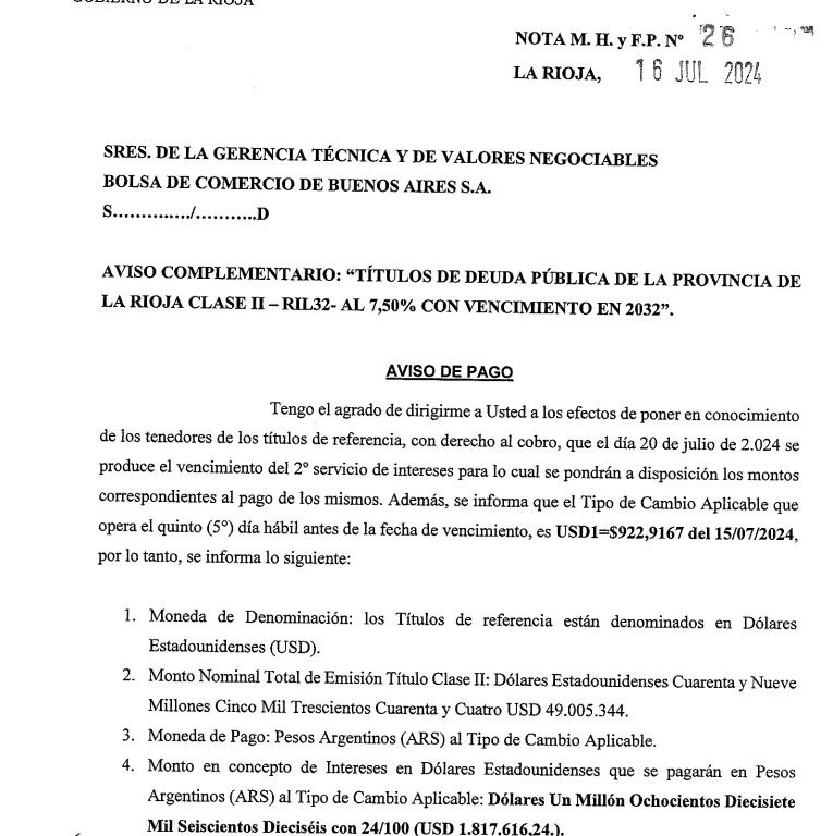 La Rioja anunció el pago de intereses de títulos de deuda pública con vencimiento en 2032