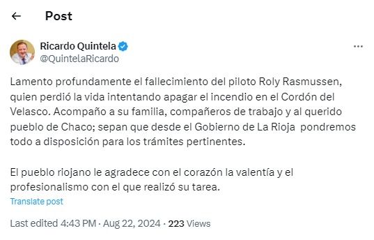 ricardo-quintela:-“lamento-profundamente-el-fallecimiento-del-piloto-roly-rasmussen,-quien-perdio-la-vida-intentando-apagar-el-incendio-en-el-cordon-del-velasco”