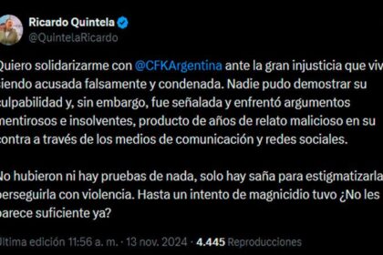 El mensaje conciliador de Ricardo Quintela con Cristina Fernández de Kirchner tras conocerse el fallo de Casación