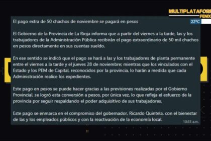 ULTIMO MOMENTO – Pagarán en efectivo por única vez el bono de 50 mil Chachos