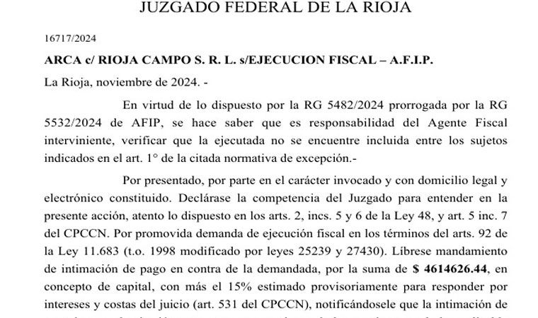 La Justicia Federal de La Rioja inicia ejecución fiscal contra Rioja Campo S.R.L.