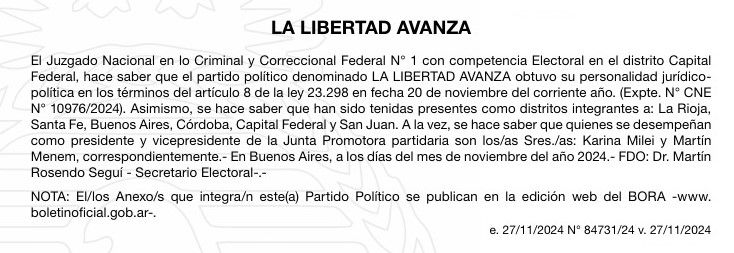 La Libertad Avanza obtiene personería jurídica como partido político nacional