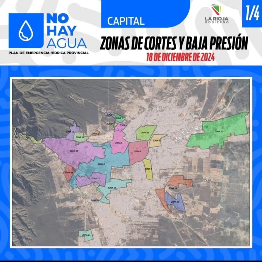 Cronograma de cortes de agua y baja presión para múltiples zonas en la capital riojana