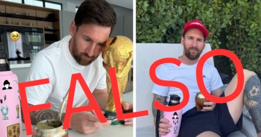 Son falsas las fotos que circulan en X  de Messi y su termo rosa con un sticker de Javier Milei